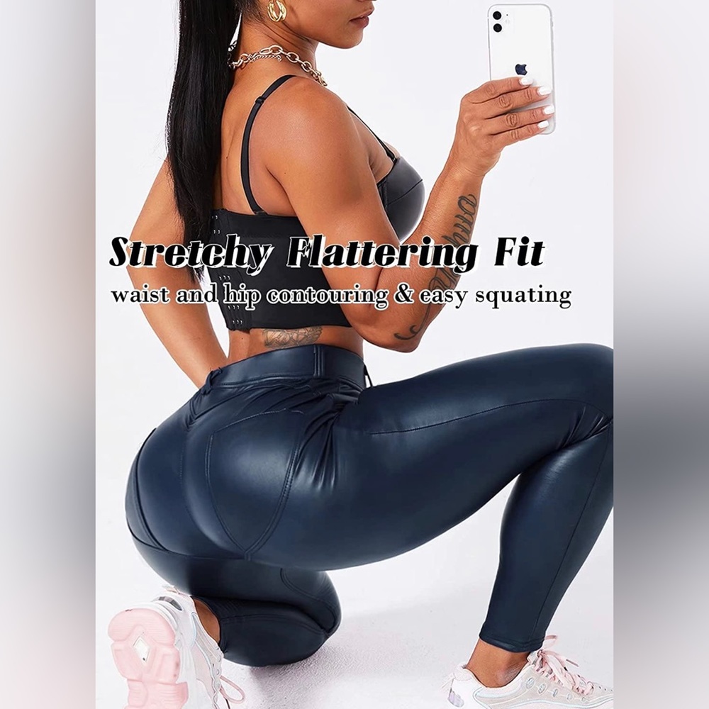HOT! Navy Faux Leather Booty Lifting Pants - Picture 2 of 11